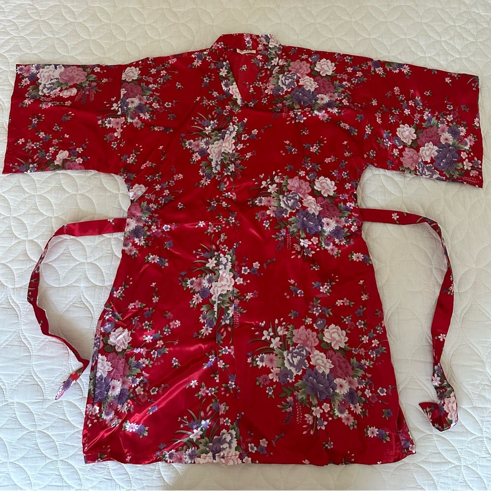 Floral Red Satin Kimono Robe